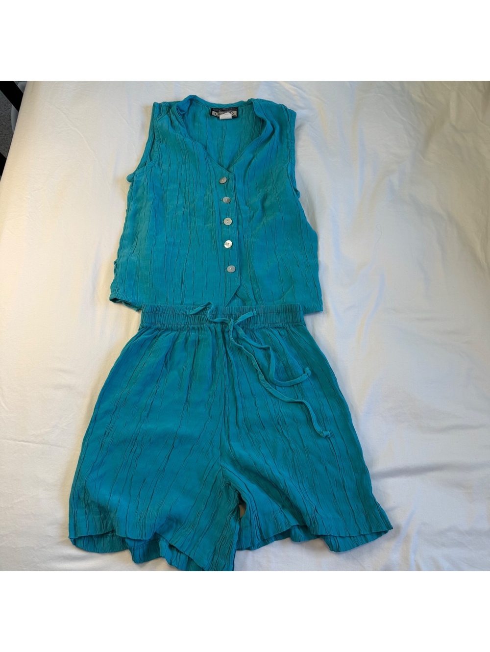 Vintage 90s Wrapper 2-Piece Short Set, Teal Crinkle, Festival Boho, Size S